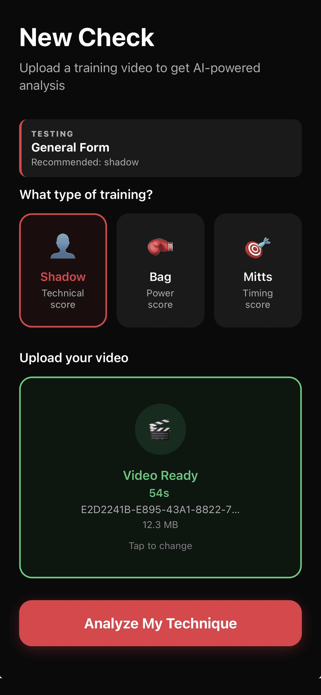 FighterLab upload screen selecting shadow, bag, or mitts session type
